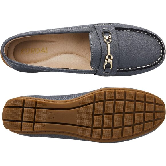 Kordal Women's Grey Leather Gold Accent Buckle Slip-Ons Walking Flats Loafers - Picture 8 of 9